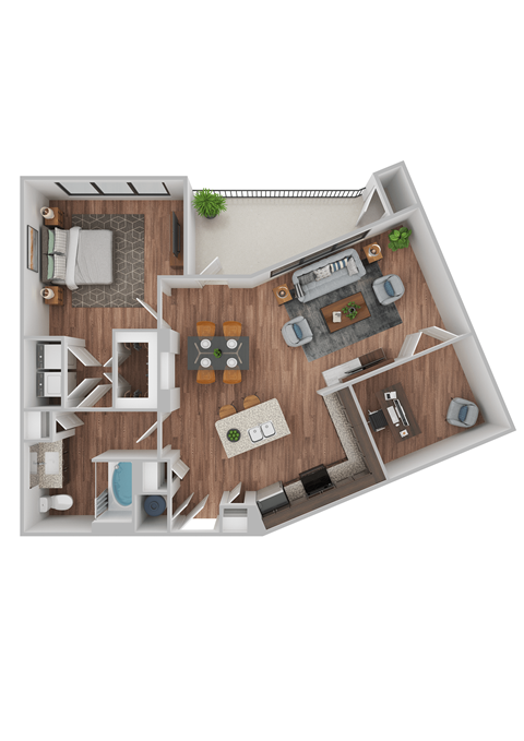 Floor plan for 1 bed, 1 bath, 894 sqft